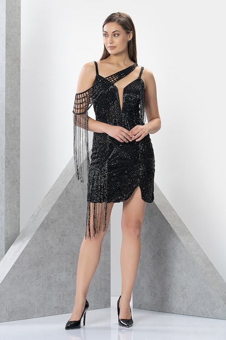 Eli Bitton Black Polyester, Lycra Sequins, Crystals, Embroidered Short Dress With Cape Online at Aza Fashions Eli Bitton_Black Polyester, Lycra Sequins, Crystals, Embroidered Short Dress With Cape _Online_at_Aza_Fashions