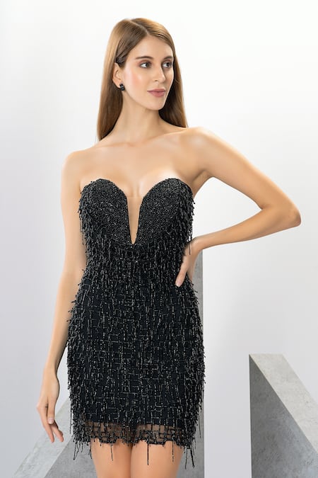 Shop Eli Bitton Black Polyester, Lycra Sequins, Fringe Michelle Embroidered Short Dress Online at Aza Fashions Shop_Eli Bitton_Black Polyester, Lycra Sequins, Fringe Michelle Embroidered Short Dress _Online_at_Aza_Fashions