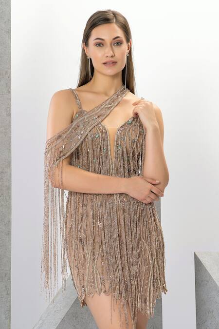 Eli Bitton Peach Polyester Sequins, Fringe Sweetheart Galita Embroidered Dress With Cape at Aza Fashions Eli Bitton_Peach Polyester Sequins, Fringe Sweetheart Galita Embroidered Dress With Cape _at_Aza_Fashions