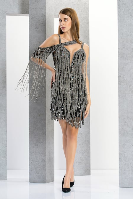 Eli Bitton Black Polyester, Lycra Sequins, Fringe Galita Dress With Jewelled Cape 