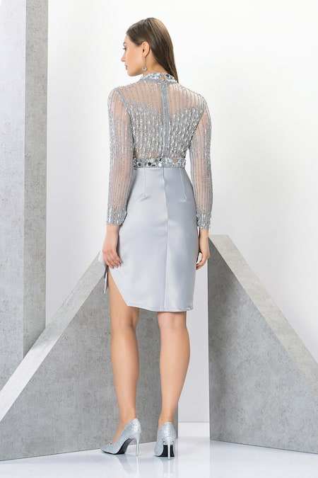 Shop Eli Bitton Silver Polyester Sequins, Beads, Mirrors High Yarden Embroidered Short Dress at Aza Fashions Shop_Eli Bitton_Silver Polyester Sequins, Beads, Mirrors High Yarden Embroidered Short Dress _at_Aza_Fashions