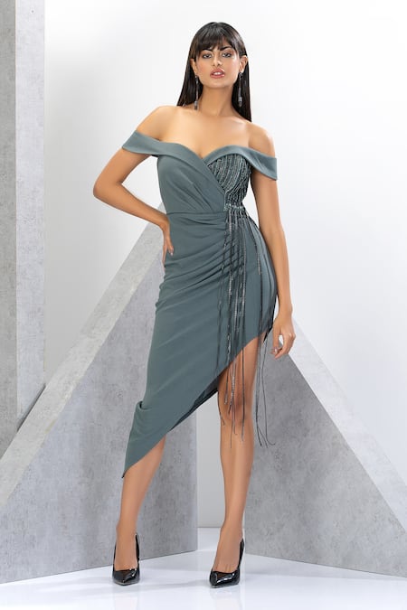 Eli Bitton - Green Poly Crepe Embroidered Chain Fringes One Asymmetric  Dress For Women