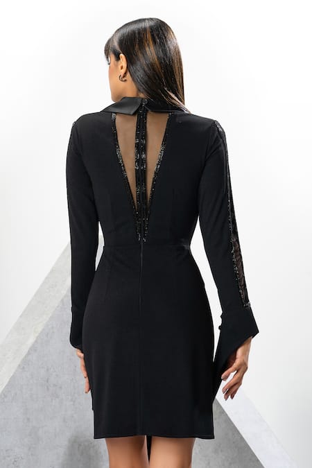 Shop Eli Bitton Black Polyester, Satin Beads Collared Embroidered Triangle Dress at Aza Fashions Shop_Eli Bitton_Black Polyester, Satin Beads Collared Embroidered Triangle Dress _at_Aza_Fashions