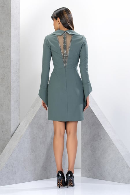 Shop Eli Bitton Green Polyester, Lycra, Satin Beads Collared Embroidered Triangle Dress at Aza Fashions Shop_Eli Bitton_Green Polyester, Lycra, Satin Beads Collared Embroidered Triangle Dress _at_Aza_Fashions