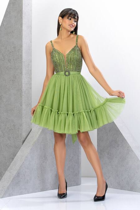 Eli Bitton Green Polyester, Lycra Sequins, Crystals V-neck Embroidered Short Dress Online at Aza Fashions Eli Bitton_Green Polyester, Lycra Sequins, Crystals V-neck Embroidered Short Dress _Online_at_Aza_Fashions