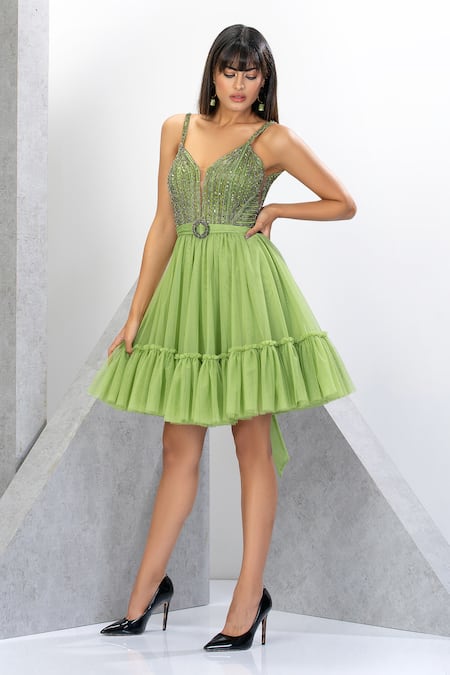 Shop Eli Bitton Green Polyester, Lycra Sequins, Crystals V-neck Embroidered Short Dress Online at Aza Fashions Shop_Eli Bitton_Green Polyester, Lycra Sequins, Crystals V-neck Embroidered Short Dress _Online_at_Aza_Fashions