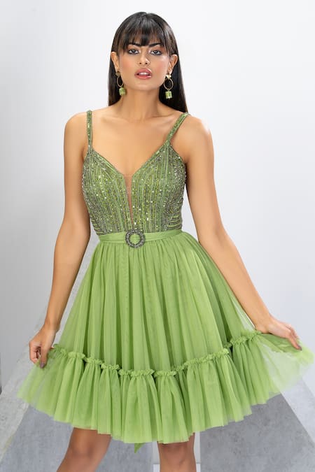 Eli Bitton Green Polyester, Lycra Sequins, Crystals V-neck Embroidered Short Dress at Aza Fashions Eli Bitton_Green Polyester, Lycra Sequins, Crystals V-neck Embroidered Short Dress _at_Aza_Fashions