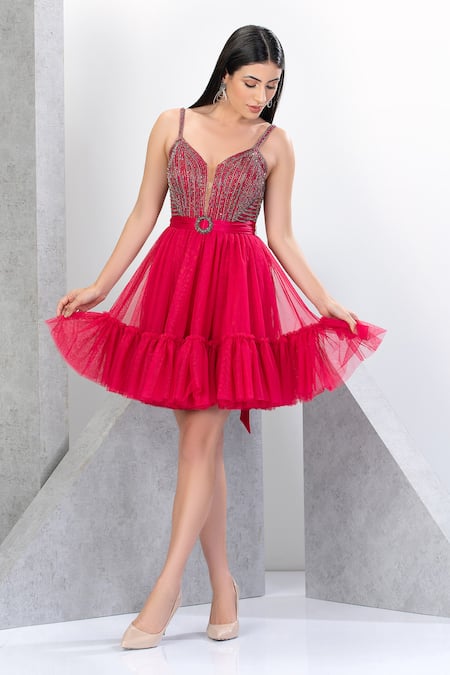 Buy Fuchsia Polyester Net Embroidered Sequins Sweetheart Work Short Dress  For Women by Eli Bitton Online at Aza Fashions.