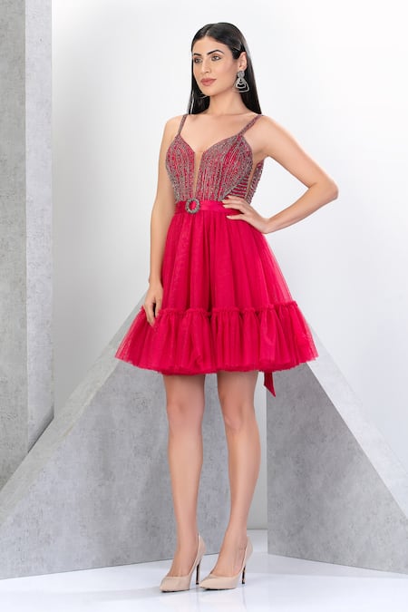 Shop Eli Bitton Fuchsia Polyester, Lycra Sequins, Crystals V-neck Embroidered Short Dress Online at Aza Fashions Shop_Eli Bitton_Fuchsia Polyester, Lycra Sequins, Crystals V-neck Embroidered Short Dress _Online_at_Aza_Fashions