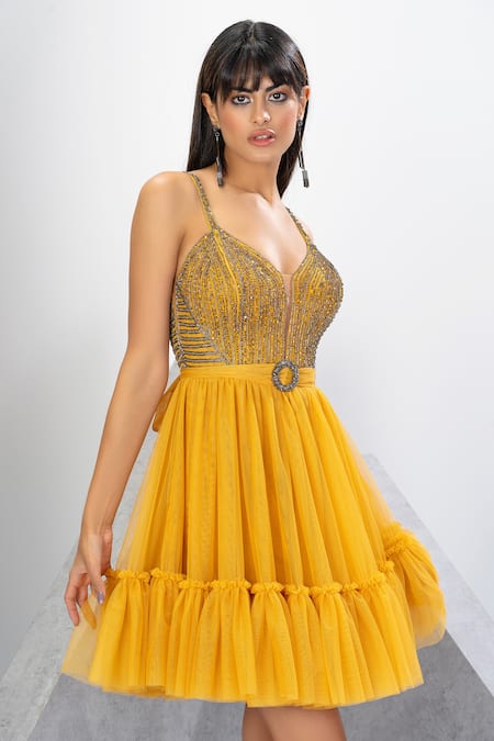 Eli Bitton Yellow Polyester, Lycra Sequins, Crystals V-neck Embroidered Short Dress at Aza Fashions Eli Bitton_Yellow Polyester, Lycra Sequins, Crystals V-neck Embroidered Short Dress _at_Aza_Fashions