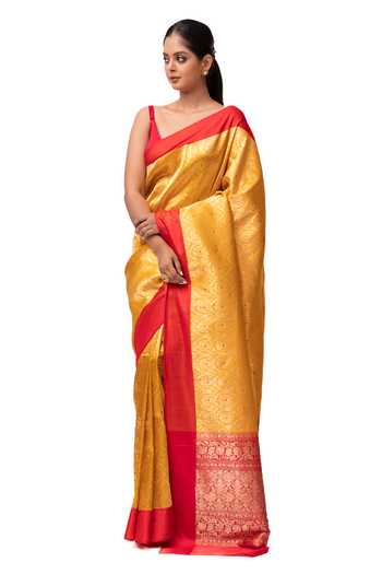 Shop_Sacred Weaves_Yellow Katan Silk Woven Floral Banarasi Gold Zari Saree With Running Blouse_Online_at_Aza_Fashions