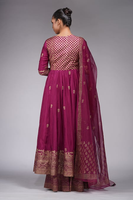 Shop Shruti S Wine Silk, Modal, Organza Hand Block Print Angrakha Anarkali Sharara Set at Aza Fashions Shop_Shruti S_Wine Silk, Modal, Organza Hand Block Print Angrakha Anarkali Sharara Set _at_Aza_Fashions