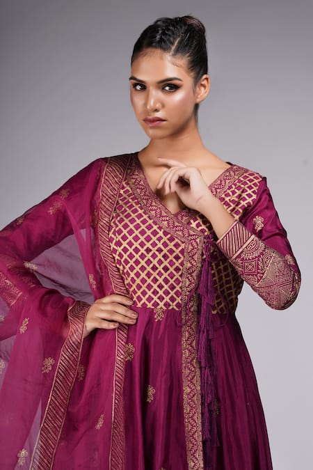 Shruti S Wine Silk, Modal, Organza Hand Block Print Angrakha Anarkali Sharara Set Online at Aza Fashions Shruti S_Wine Silk, Modal, Organza Hand Block Print Angrakha Anarkali Sharara Set _Online_at_Aza_Fashions