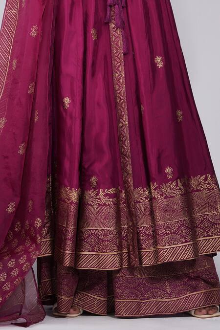 Buy Shruti S Wine Silk, Modal, Organza Hand Block Print Angrakha Anarkali Sharara Set Online at Aza Fashions Buy_Shruti S_Wine Silk, Modal, Organza Hand Block Print Angrakha Anarkali Sharara Set _Online_at_Aza_Fashions