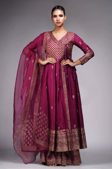 Shop Shruti S Wine Silk, Modal, Organza Hand Block Print Angrakha Anarkali Sharara Set Online at Aza Fashions Shop_Shruti S_Wine Silk, Modal, Organza Hand Block Print Angrakha Anarkali Sharara Set _Online_at_Aza_Fashions