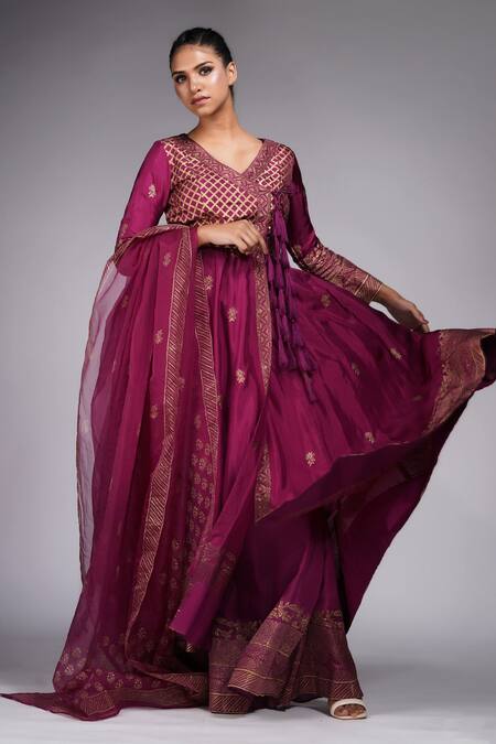 Shruti S Wine Silk, Modal, Organza Hand Block Print Angrakha Anarkali Sharara Set at Aza Fashions Shruti S_Wine Silk, Modal, Organza Hand Block Print Angrakha Anarkali Sharara Set _at_Aza_Fashions