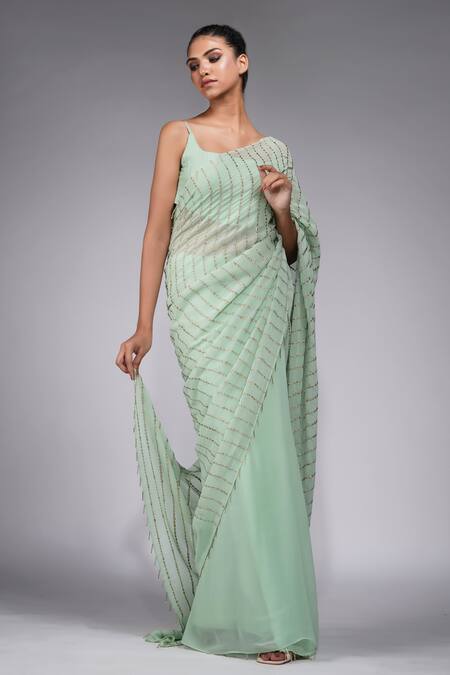 Shruti S_Green Georgette, Silk, Satin, Net Pre-draped Badla Saree Set With Cape_Online_at_Aza_Fashions