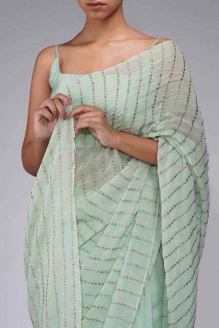 Buy_Shruti S_Green Georgette, Silk, Satin, Net Pre-draped Badla Saree Set With Cape_Online_at_Aza_Fashions
