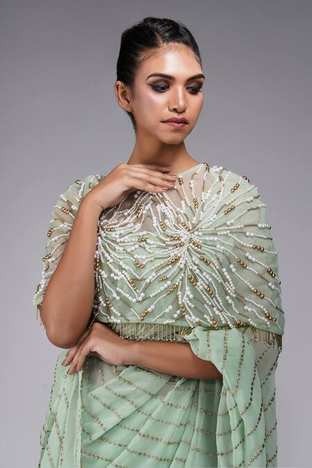 Shop_Shruti S_Green Georgette, Silk, Satin, Net Pre-draped Badla Saree Set With Cape_Online_at_Aza_Fashions