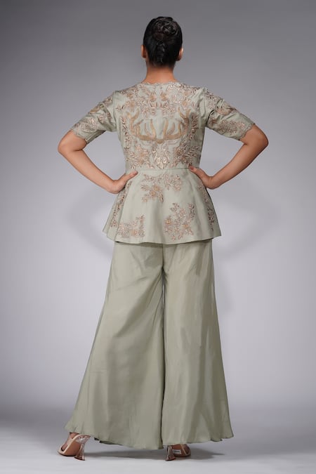 Shop Shruti S Green Silk Embroidery V-neck Peplum Kurta With Sharara at Aza Fashions Shop_Shruti S_Green Silk Embroidery V-neck Peplum Kurta With Sharara _at_Aza_Fashions