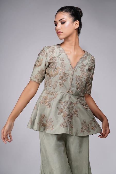 Shruti S Green Silk Embroidery V-neck Peplum Kurta With Sharara Online at Aza Fashions Shruti S_Green Silk Embroidery V-neck Peplum Kurta With Sharara _Online_at_Aza_Fashions