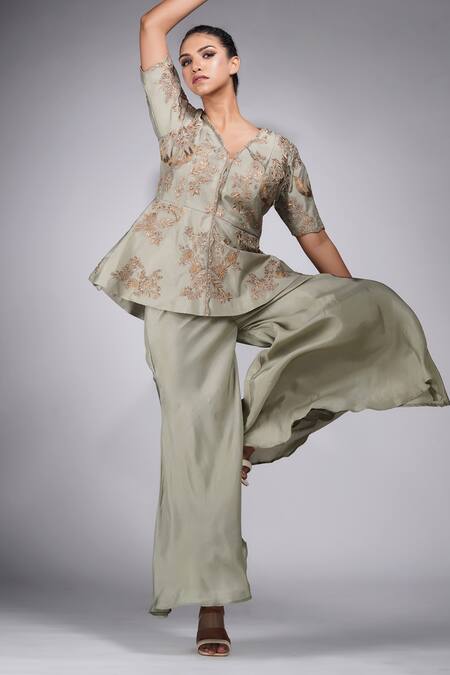 Shruti S Green Silk Embroidery V-neck Peplum Kurta With Sharara at Aza Fashions Shruti S_Green Silk Embroidery V-neck Peplum Kurta With Sharara _at_Aza_Fashions