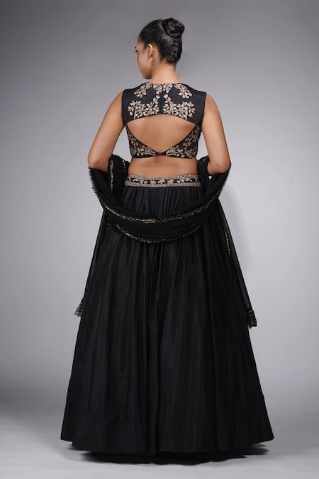 Shop Shruti S Black Silk, Georgette Embroidery, Crystals V-neck Ancient Prince Lehenga Set at Aza Fashions Shop_Shruti S_Black Silk, Georgette Embroidery, Crystals V-neck Ancient Prince Lehenga Set _at_Aza_Fashions