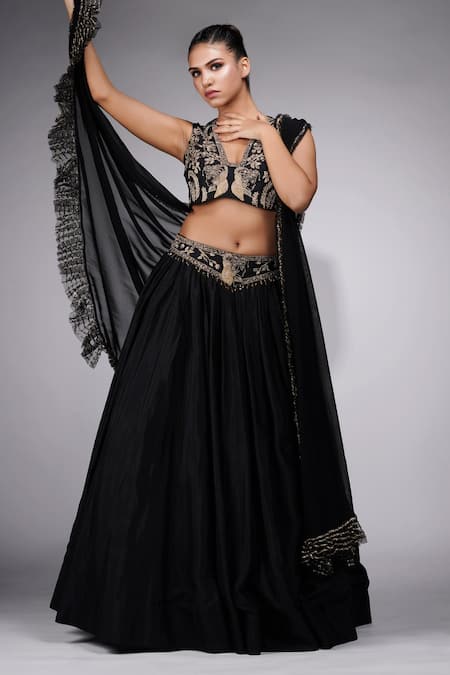 Shruti S Black Silk, Georgette Embroidery, Crystals V-neck Ancient Prince Lehenga Set Online at Aza Fashions Shruti S_Black Silk, Georgette Embroidery, Crystals V-neck Ancient Prince Lehenga Set _Online_at_Aza_Fashions