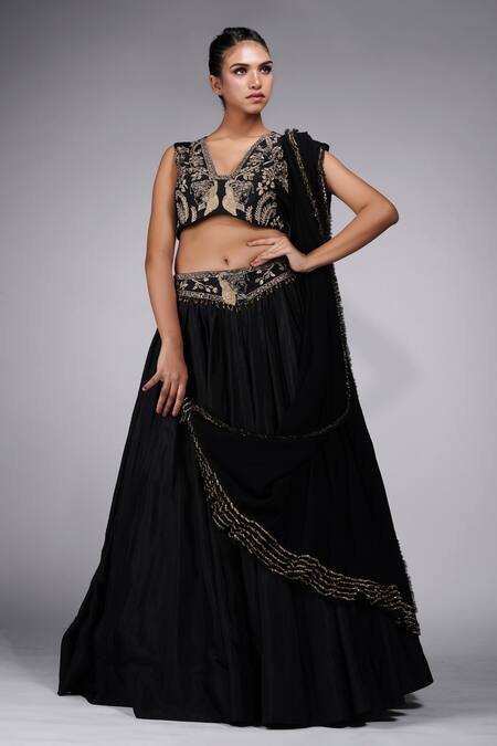 Shop Shruti S Black Silk, Georgette Embroidery, Crystals V-neck Ancient Prince Lehenga Set Online at Aza Fashions Shop_Shruti S_Black Silk, Georgette Embroidery, Crystals V-neck Ancient Prince Lehenga Set _Online_at_Aza_Fashions