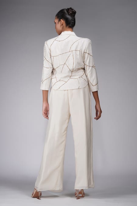Shop Shruti S Off White Silk Sequins, Zari Collared Embroidered Jacket Pant Set at Aza Fashions Shop_Shruti S_Off White Silk Sequins, Zari Collared Embroidered Jacket Pant Set _at_Aza_Fashions
