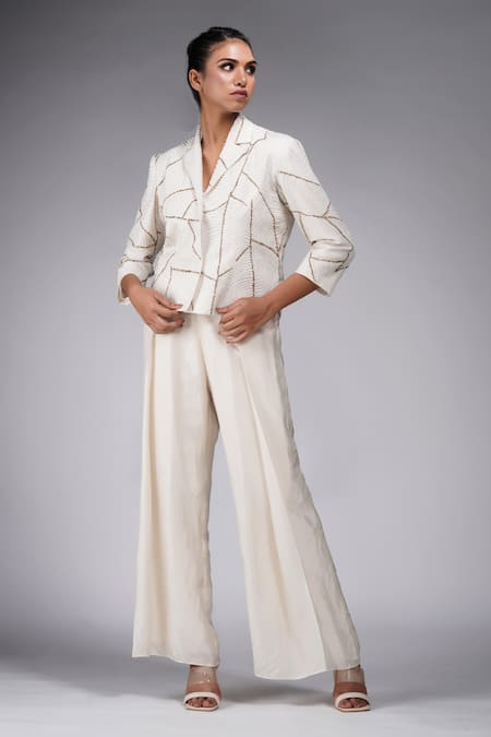 Shruti S Off White Silk Sequins, Zari Collared Embroidered Jacket Pant Set Online at Aza Fashions Shruti S_Off White Silk Sequins, Zari Collared Embroidered Jacket Pant Set _Online_at_Aza_Fashions