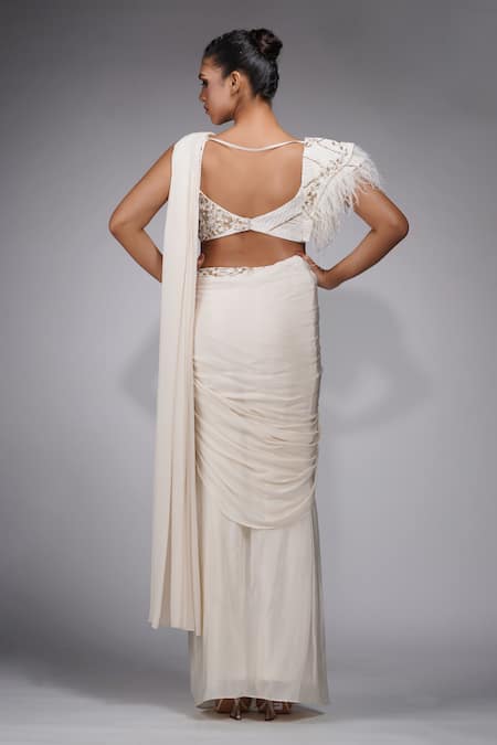 Shop Shruti S Off White Crepe, Silk Sequins, Pre-draped Saree With Feather Applique Blouse at Aza Fashions Shop_Shruti S_Off White Crepe, Silk Sequins, Pre-draped Saree With Feather Applique Blouse _at_Aza_Fashions