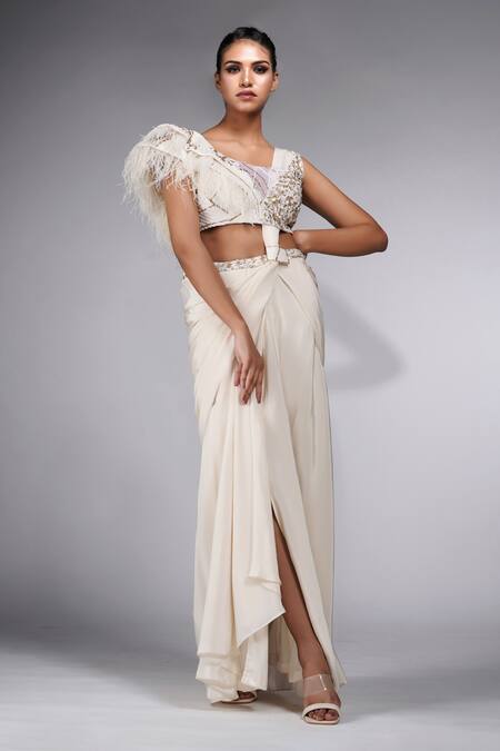 Shruti S Off White Crepe, Silk Sequins, Pre-draped Saree With Feather Applique Blouse Online at Aza Fashions Shruti S_Off White Crepe, Silk Sequins, Pre-draped Saree With Feather Applique Blouse _Online_at_Aza_Fashions