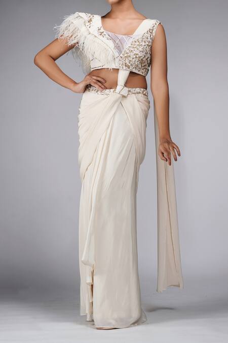 Shop Shruti S Off White Crepe, Silk Sequins, Pre-draped Saree With Feather Applique Blouse Online at Aza Fashions Shop_Shruti S_Off White Crepe, Silk Sequins, Pre-draped Saree With Feather Applique Blouse _Online_at_Aza_Fashions