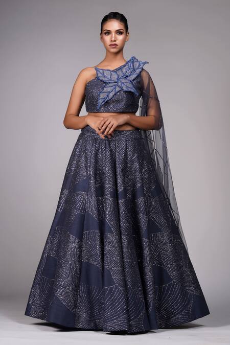 Shruti S Gray Silk, Net Zari, Sequins, Embroidery Asymmetric Grey Neck Lehenga Set Online at Aza Fashions Shruti S_Gray Silk, Net Zari, Sequins, Embroidery Asymmetric Grey Neck Lehenga Set _Online_at_Aza_Fashions