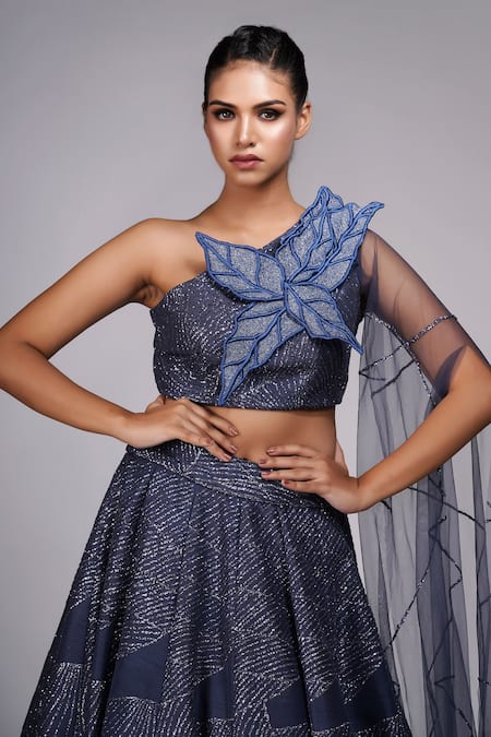 Shop Shruti S Gray Silk, Net Zari, Sequins, Embroidery Asymmetric Grey Neck Lehenga Set Online at Aza Fashions Shop_Shruti S_Gray Silk, Net Zari, Sequins, Embroidery Asymmetric Grey Neck Lehenga Set _Online_at_Aza_Fashions