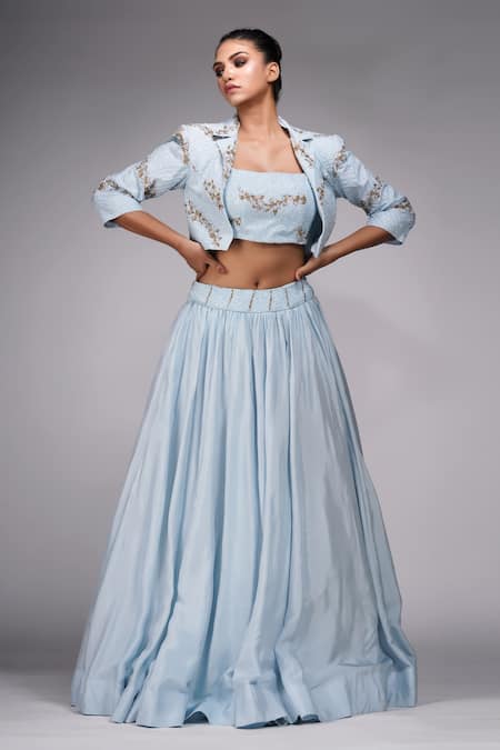 Shruti S Blue Silk Sequins, Zari, Embroidery Square , Open Jacket Lehenga Set