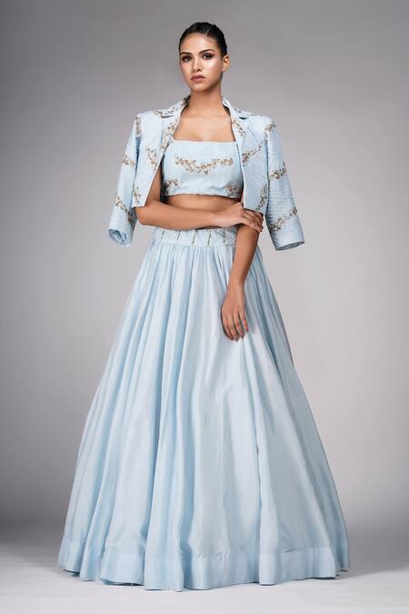 Shruti S Blue Silk Sequins, Zari, Embroidery Square , Open Jacket Lehenga Set Online at Aza Fashions Shruti S_Blue Silk Sequins, Zari, Embroidery Square , Open Jacket Lehenga Set _Online_at_Aza_Fashions
