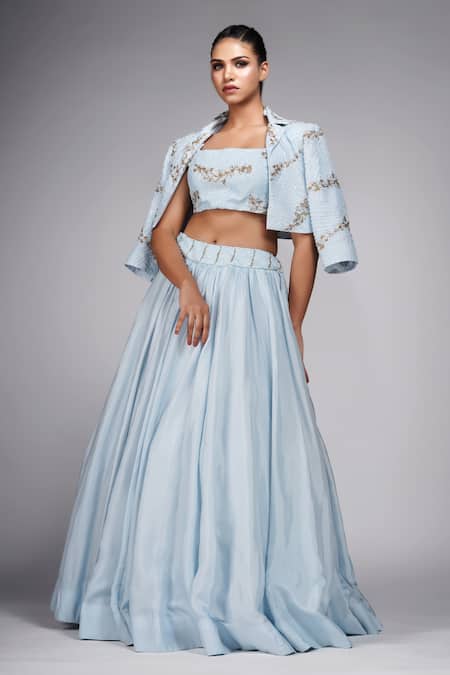 Buy Shruti S Blue Silk Sequins, Zari, Embroidery Square , Open Jacket Lehenga Set Online at Aza Fashions Buy_Shruti S_Blue Silk Sequins, Zari, Embroidery Square , Open Jacket Lehenga Set _Online_at_Aza_Fashions