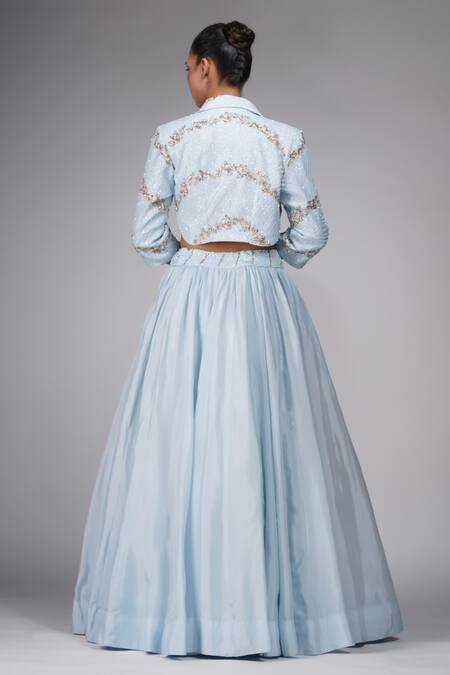 Shop Shruti S Blue Silk Sequins, Zari, Embroidery Square , Open Jacket Lehenga Set Online at Aza Fashions Shop_Shruti S_Blue Silk Sequins, Zari, Embroidery Square , Open Jacket Lehenga Set _Online_at_Aza_Fashions