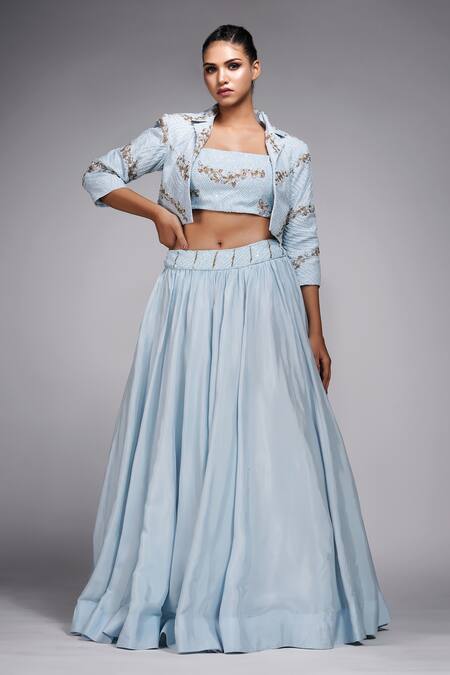 Buy Shruti S Blue Silk Sequins, Zari, Embroidery Square , Open Jacket Lehenga Set Buy_Shruti S_Blue Silk Sequins, Zari, Embroidery Square , Open Jacket Lehenga Set