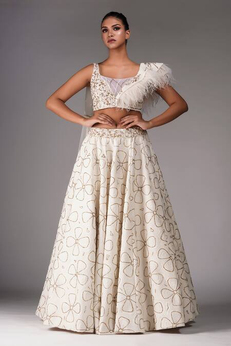 Buy_Shruti S_Off White Net Sequins, Zari Square Floral Bloom Embroidered Lehenga With Blouse _Online_at_Aza_Fashions