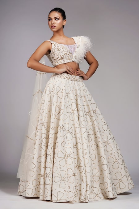 Shop_Shruti S_Off White Net Sequins, Zari Square Floral Bloom Embroidered Lehenga With Blouse _Online_at_Aza_Fashions