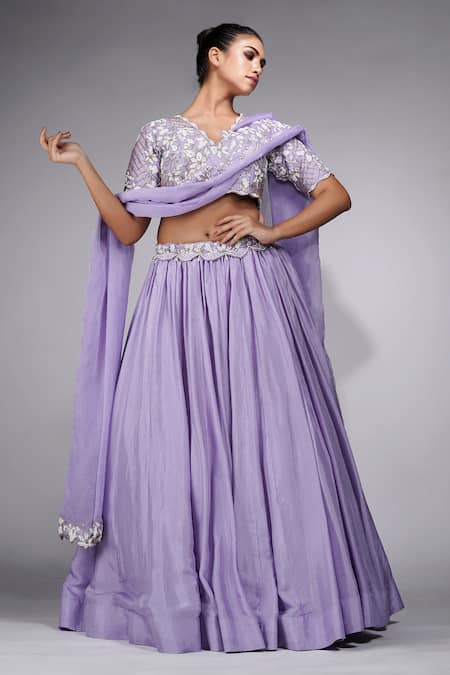 Buy_Shruti S_Purple Silk, Organza Pearls, Zari, Lehenga And Floral Embroidered Blouse Set _Online_at_Aza_Fashions