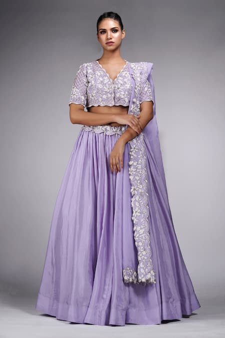 Shop_Shruti S_Purple Silk, Organza Pearls, Zari, Lehenga And Floral Embroidered Blouse Set _Online_at_Aza_Fashions