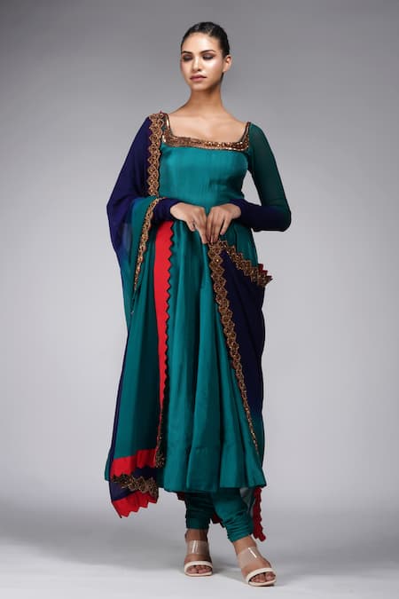 Shruti S Green Silk, Georgette, Chanderi Zari, Sequins, Stones Square Neck Anarkali Set