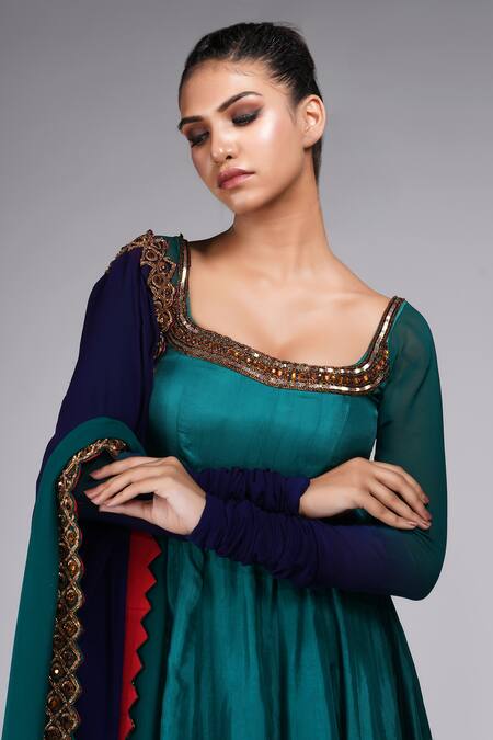 Shruti S Green Silk, Georgette, Chanderi Zari, Sequins, Stones Square Neck Anarkali Set Online at Aza Fashions Shruti S_Green Silk, Georgette, Chanderi Zari, Sequins, Stones Square Neck Anarkali Set _Online_at_Aza_Fashions