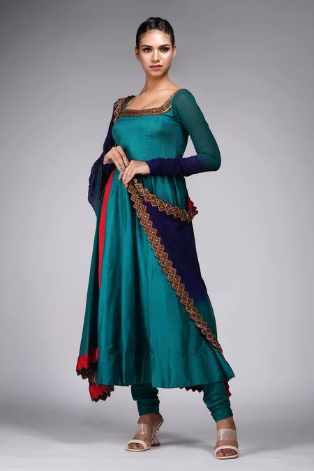 Shruti S Green Silk, Georgette, Chanderi Zari, Sequins, Stones Square Neck Anarkali Set at Aza Fashions Shruti S_Green Silk, Georgette, Chanderi Zari, Sequins, Stones Square Neck Anarkali Set _at_Aza_Fashions