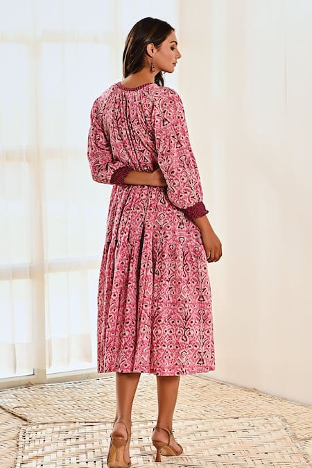 Shop Moontara Pink Cotton Round Neck Ikat Print Tiered Dress at Aza Fashions Shop_Moontara_Pink Cotton Round Neck Ikat Print Tiered Dress _at_Aza_Fashions