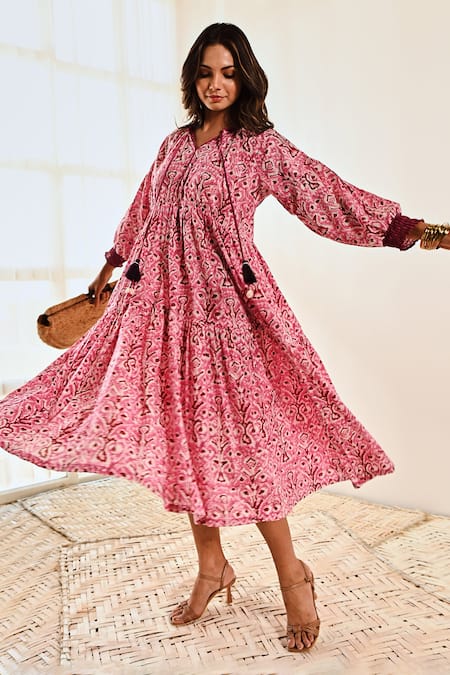 Moontara Pink Cotton Round Neck Ikat Print Tiered Dress Online at Aza Fashions Moontara_Pink Cotton Round Neck Ikat Print Tiered Dress _Online_at_Aza_Fashions